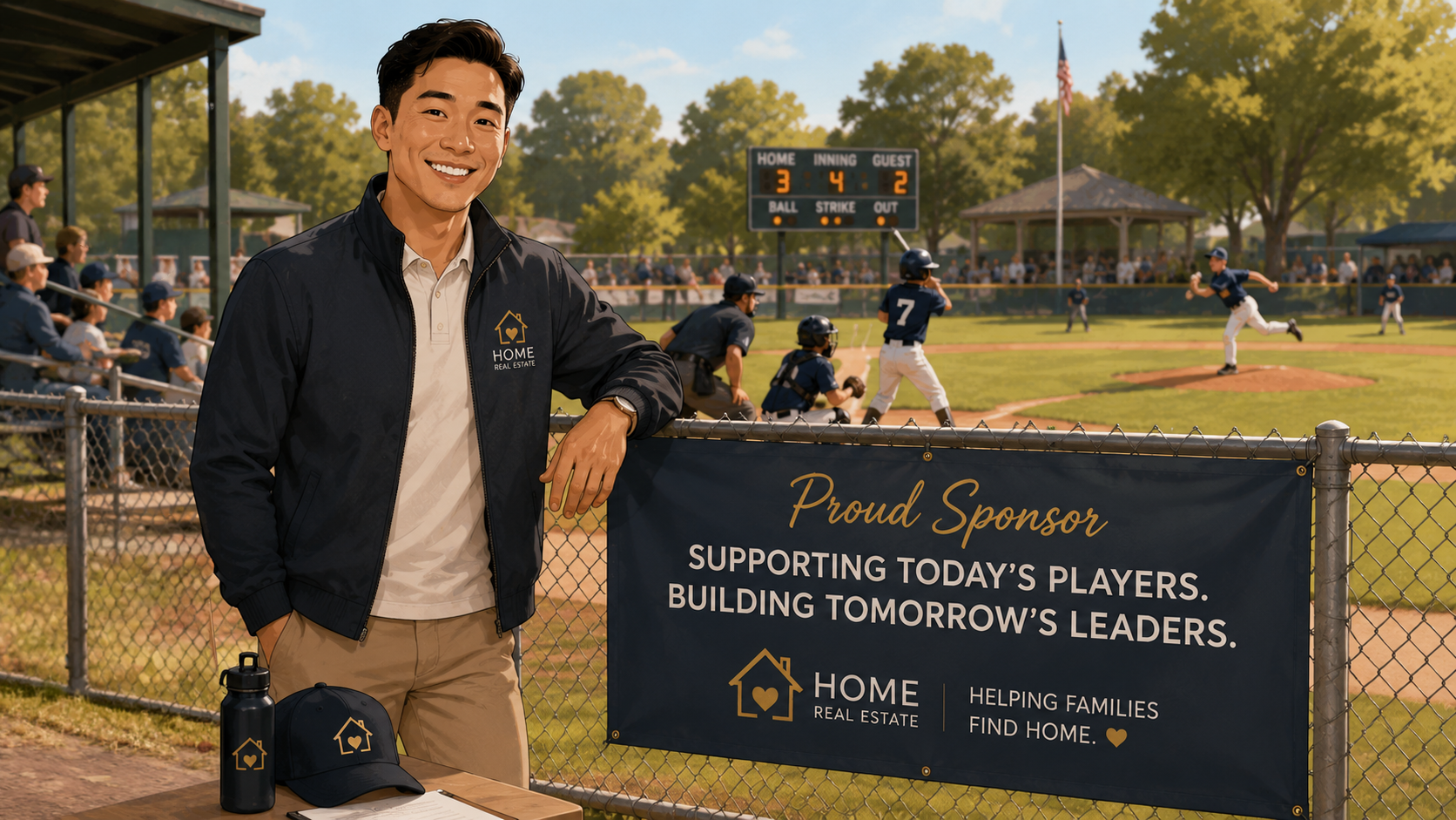 Real estate agent sponsoring a local youth baseball team for community brand visibility