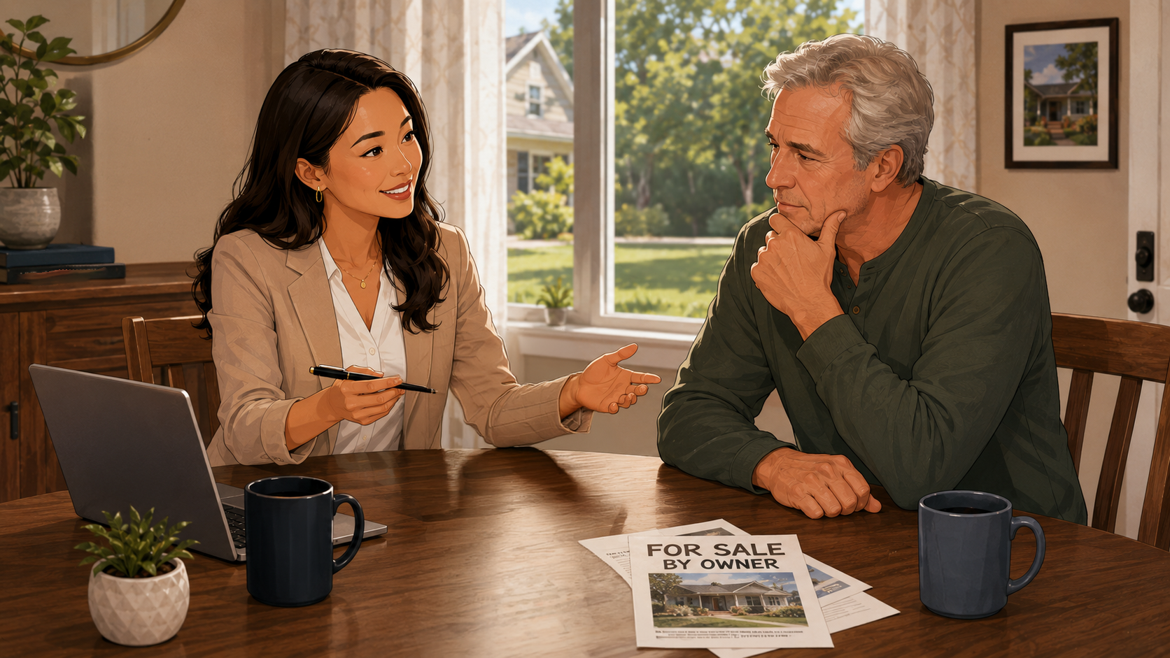 Real estate agent talking with a For Sale By Owner homeowner at his kitchen table