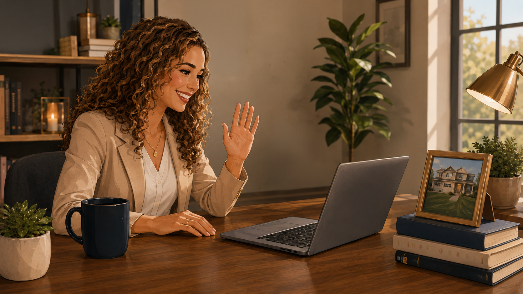 Real estate agent waving during a virtual video consultation
