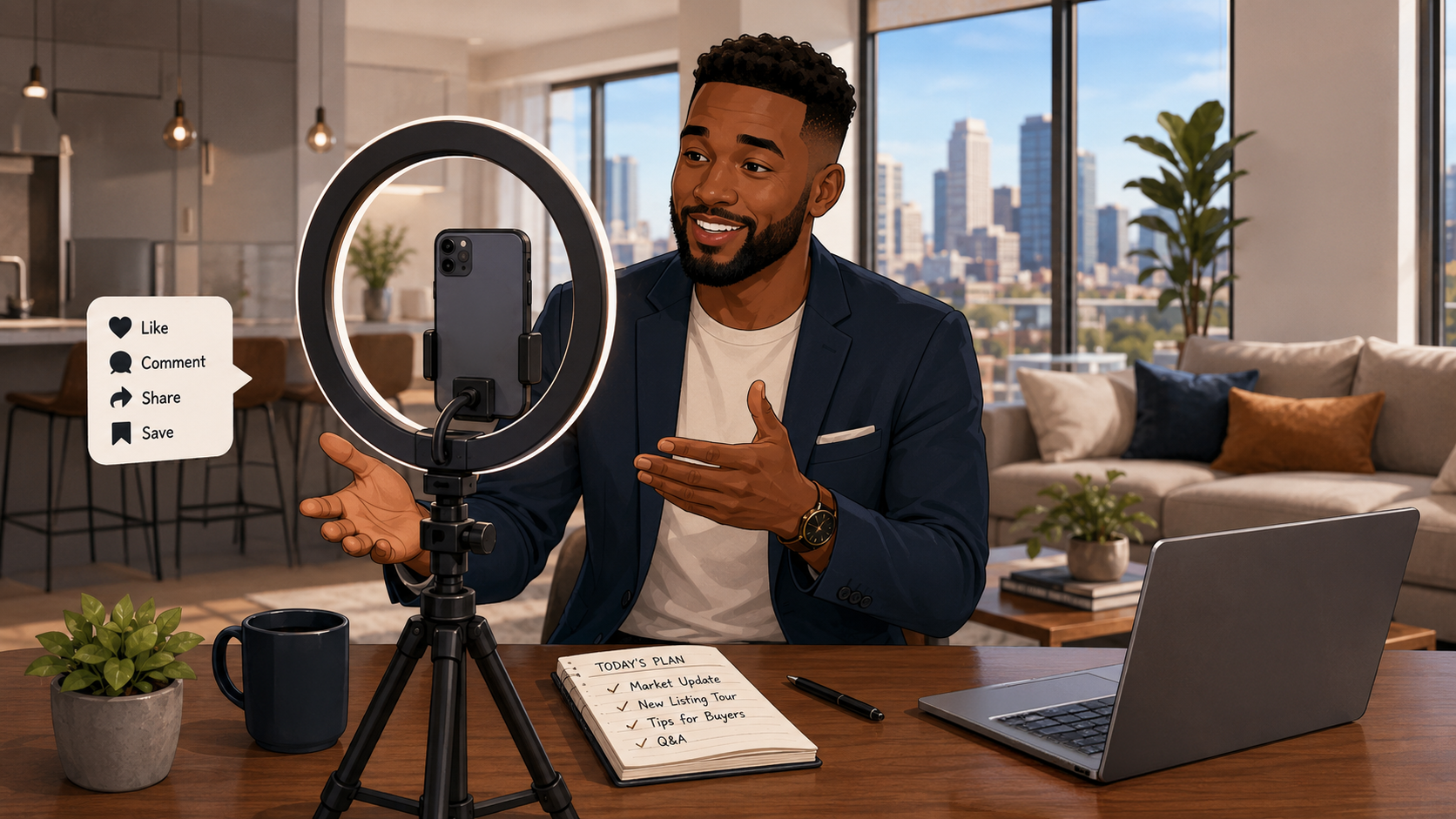 Real estate agent filming a social media video with a ring light for lead generation