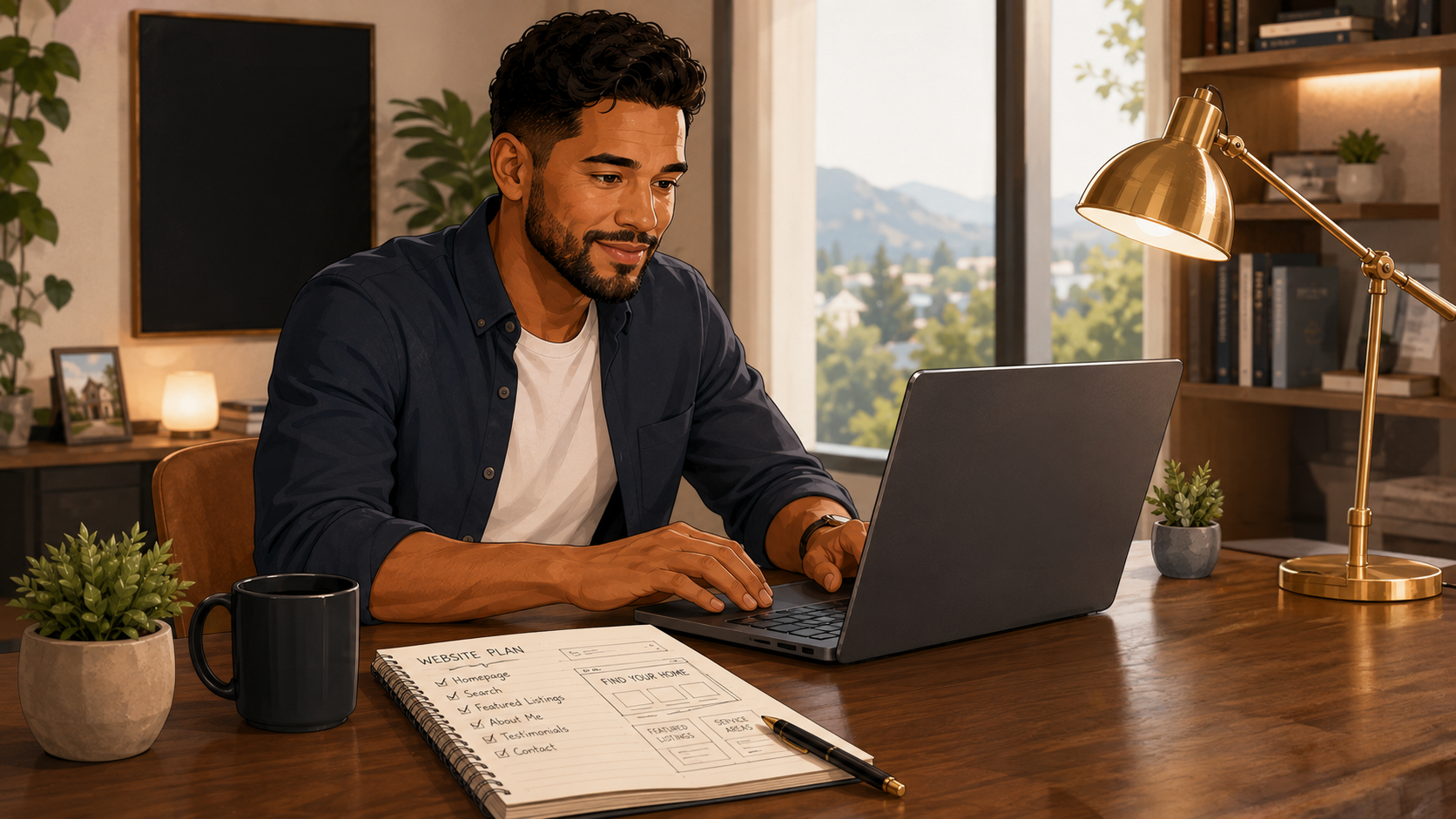 Real estate agent planning his personal real estate website on a laptop