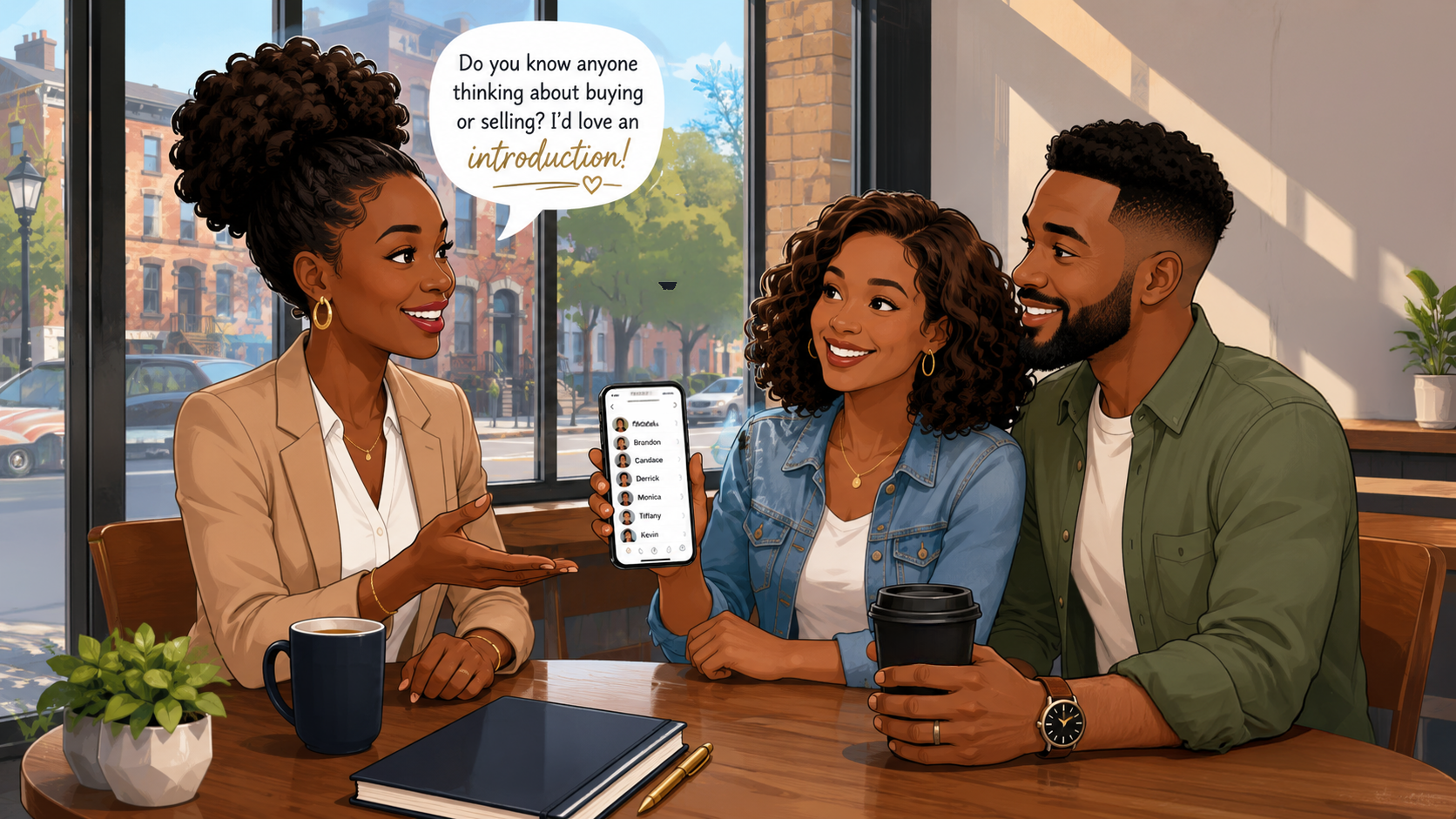 Real estate agent asking a couple for referrals at a coffee shop