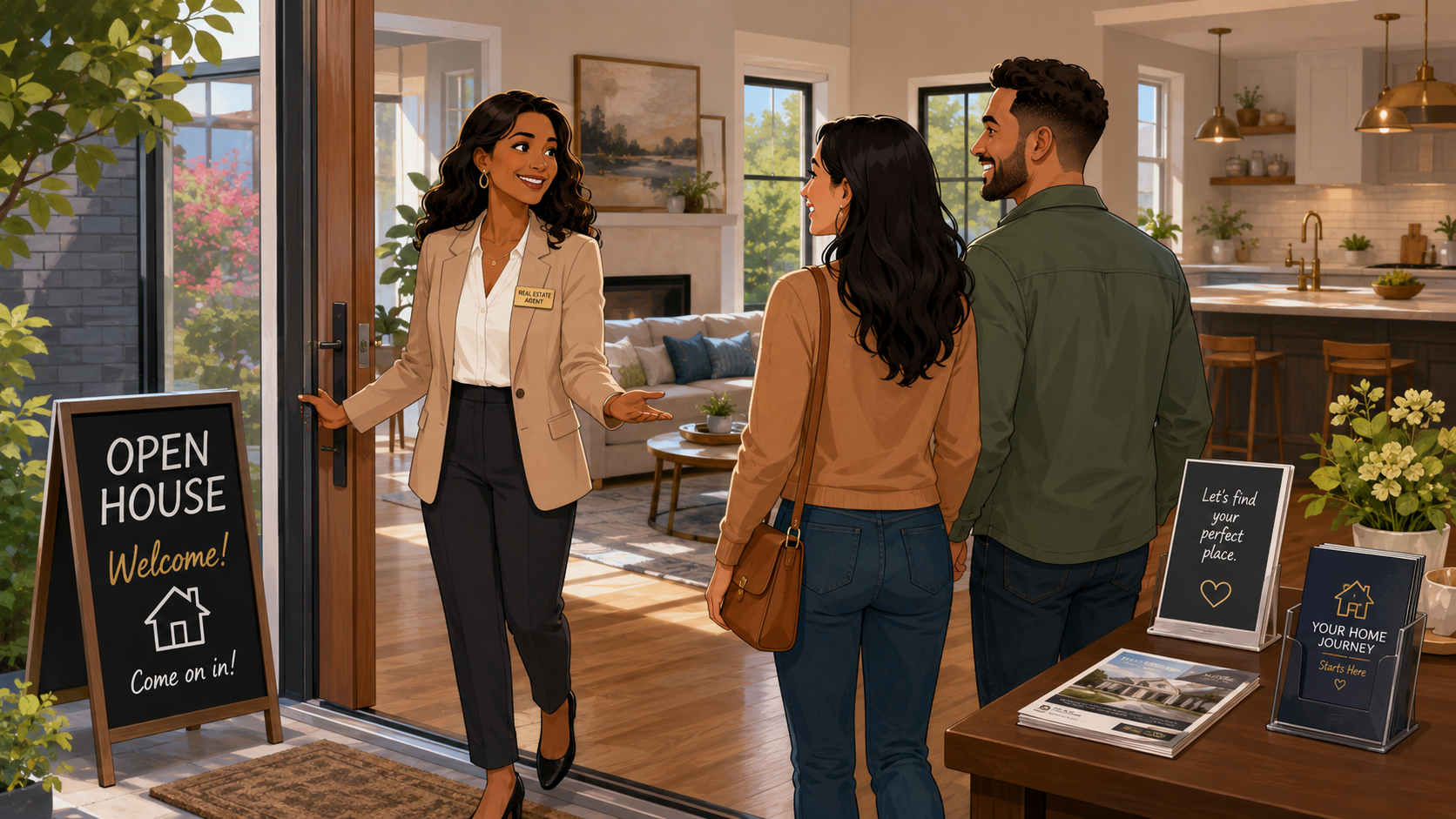 Real estate agent welcoming buyers at an open house sign-in table