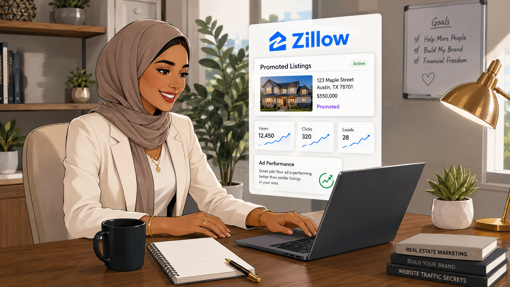 Real estate agent reviewing Zillow promoted listing performance and lead metrics