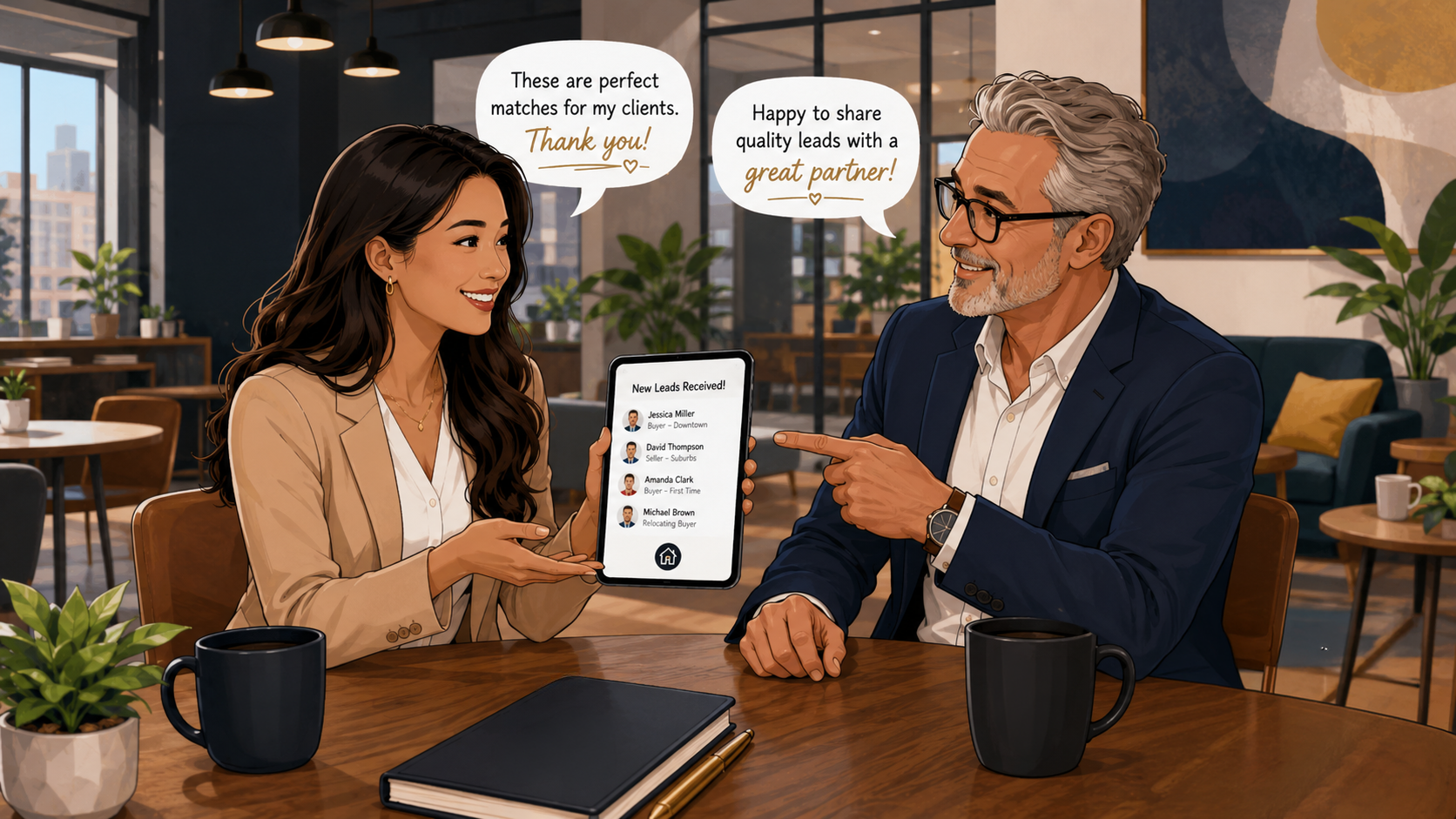 Two real estate agents reviewing shared client leads on a tablet