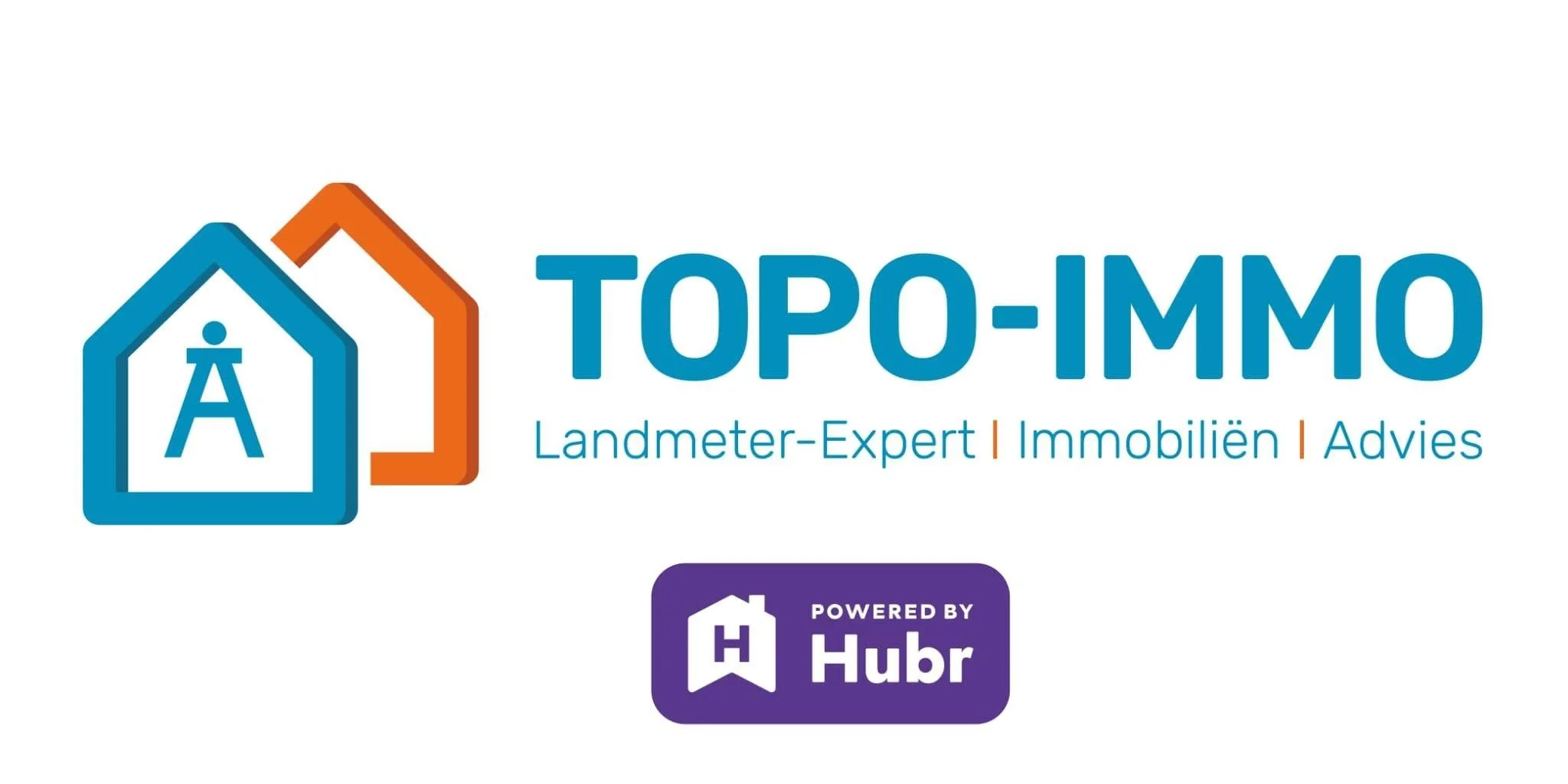 Logo van Topo-Immo met huis iconen en de tekst Landmeter-Expert, Immobilien, Advice. Onderdeel van Hubr.