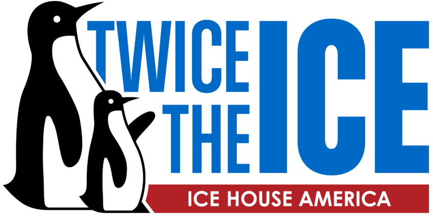 Logo with stylized ice sculptures and text reading 'Twice the Ice' and 'Ice House America'.