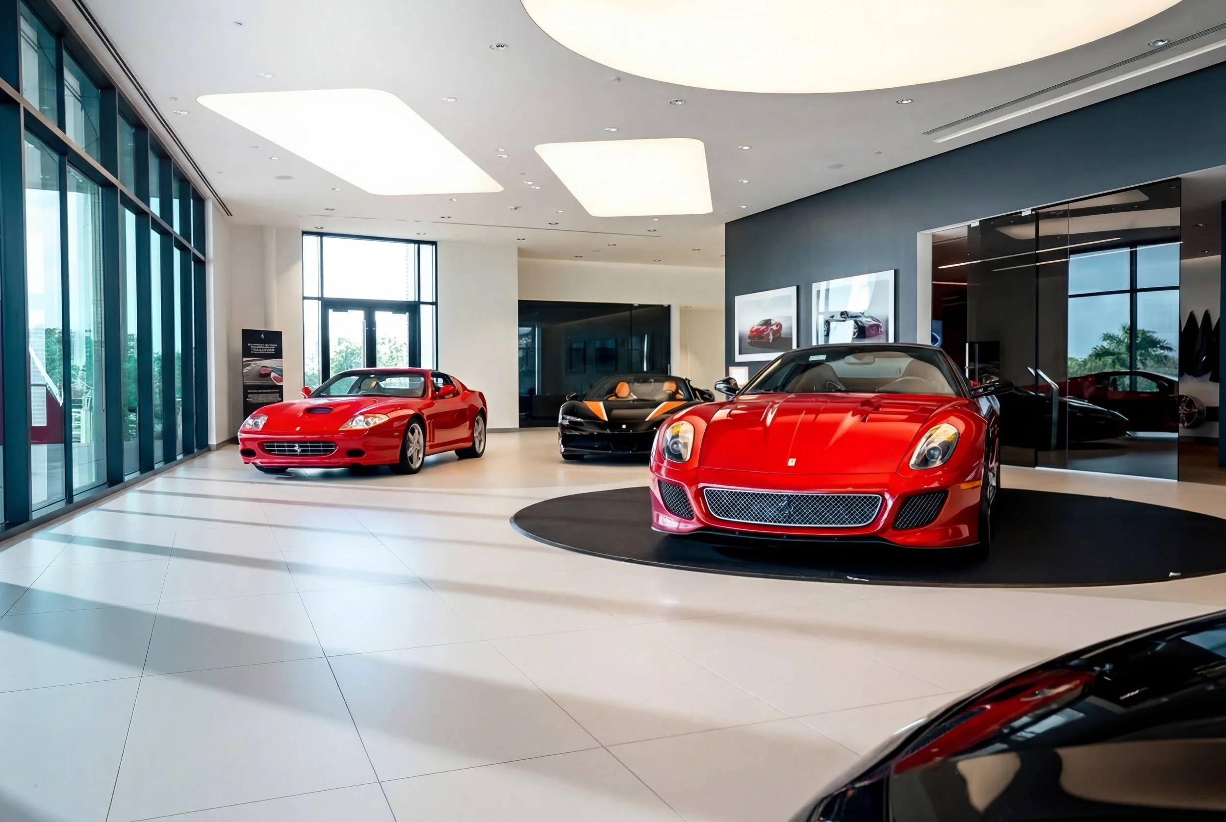 Showroom with luxury sports cars including a red Ferrari, a black sports car, and another red car on display.
