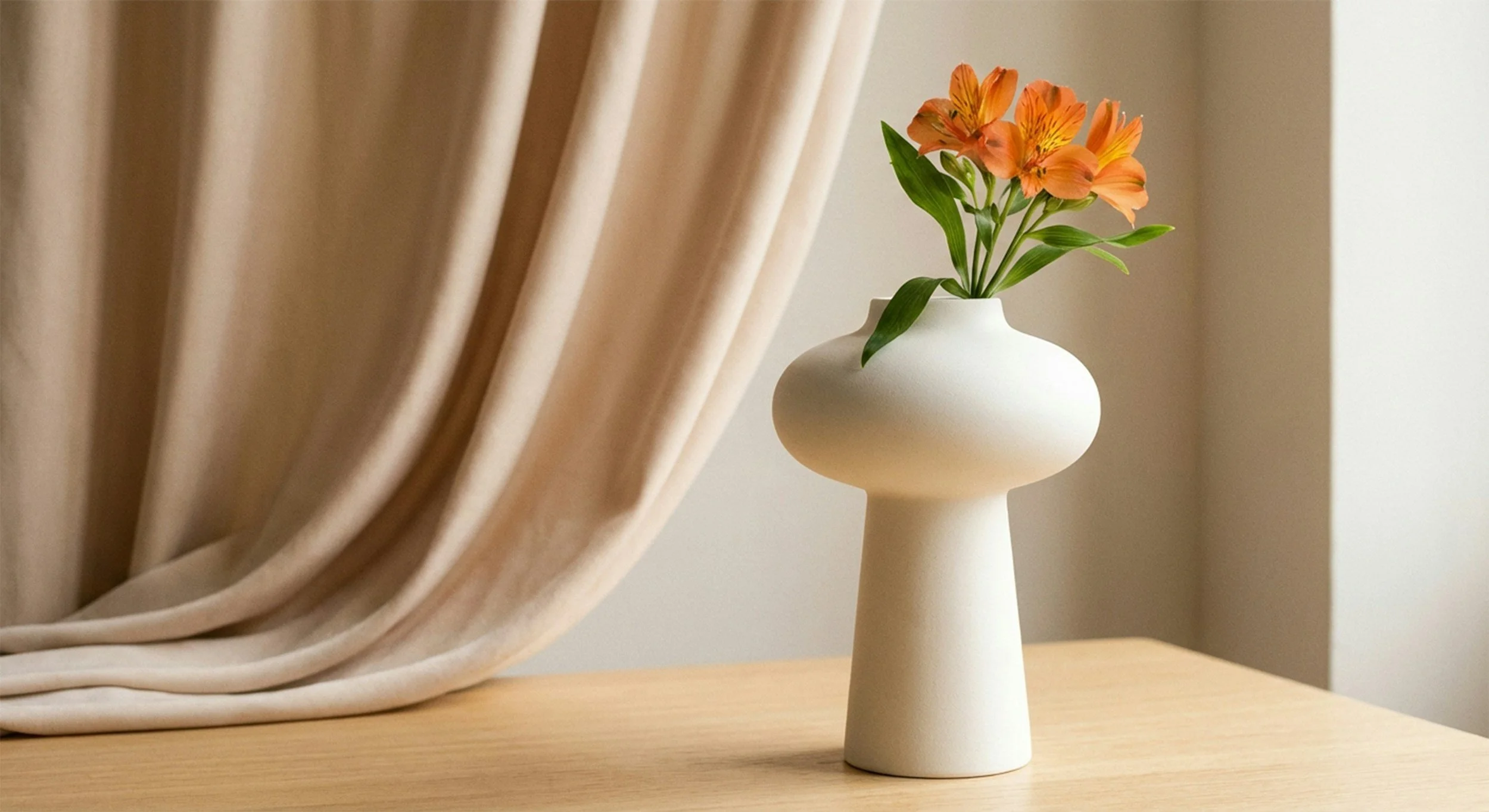 A white vase with a rounded body and narrow neck holding orange flowers with green leaves, placed on a wooden surface next to beige curtains.