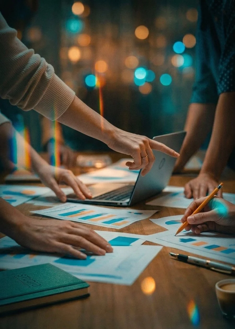 Varias personas trabajan y discuten en una mesa con documentos, gráficos y una laptop en un ambiente con luces de color y fondo desenfocado.