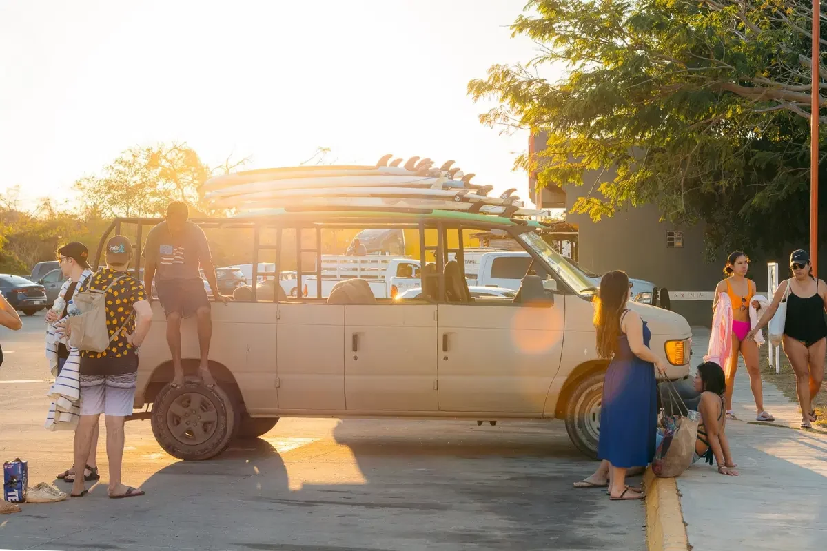 Surf van loaded with boards in Sayulita, Mexico — Marea Surf School