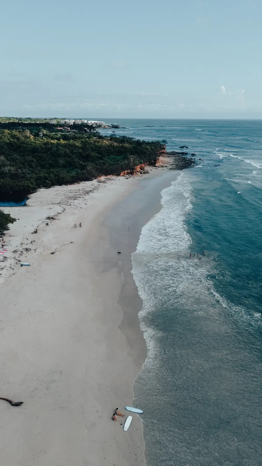 An aerial view of a beach with sandy shore, people walking and surfing, green trees on the left, and the ocean with gentle waves on the right, under a blue sky with some clouds.