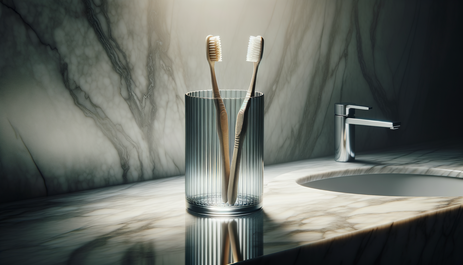 Two toothbrushes, one brown and one white, in a ribbed glass holder on a marble bathroom sink, next to a modern chrome faucet.
