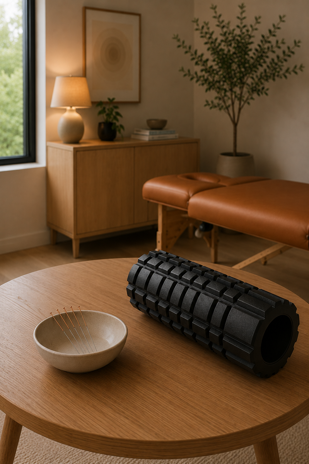 A physiotherapy (physical therapy) or massage therapy room with a massage table, a wooden sideboard with a lamp, a potted plant, and books, and a foam roller and a bowl with acupuncture needles on a wooden table in the foreground.