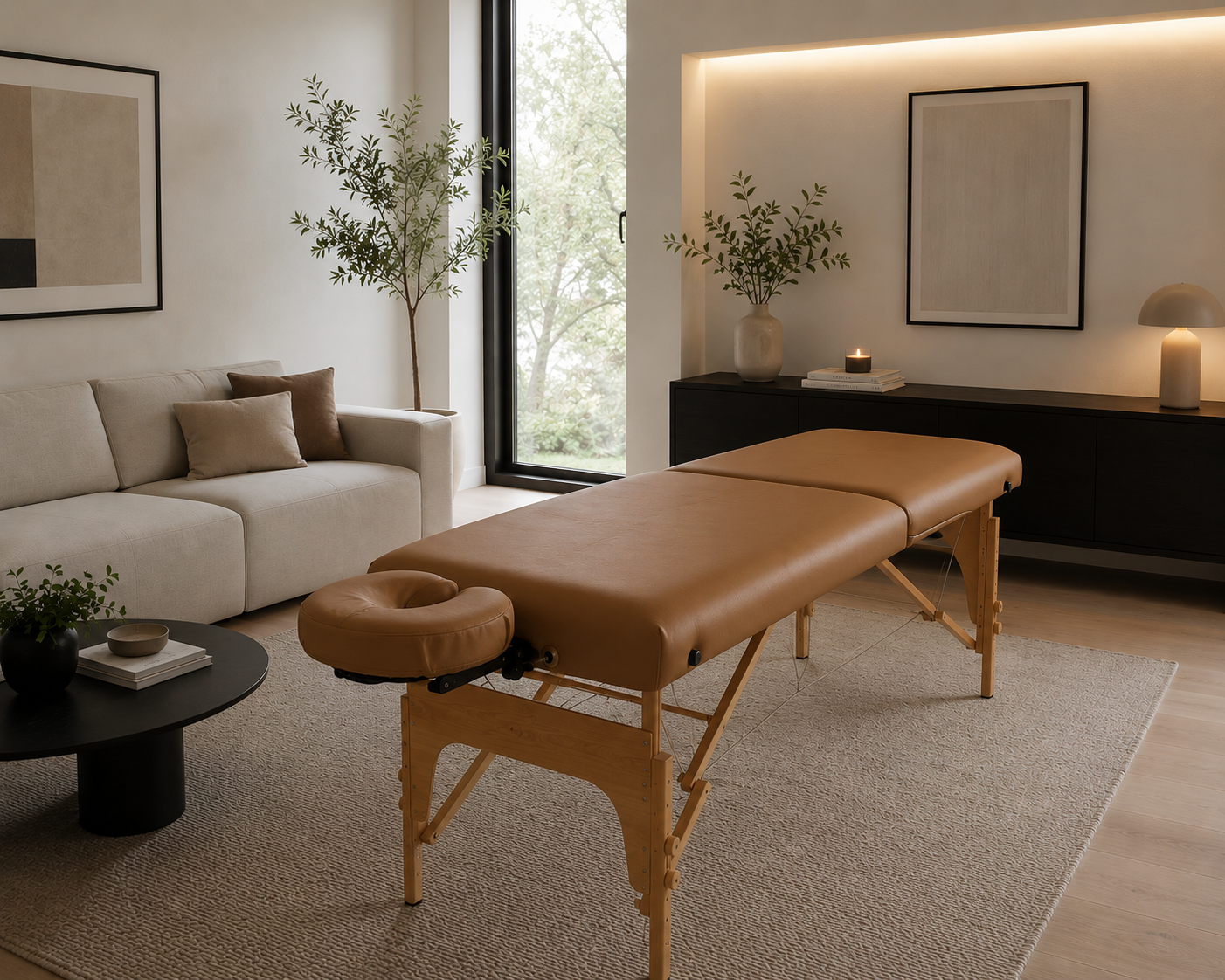 A massage therapy room with a massage table, a beige sofa with throw pillows, a round black coffee table with books and decorative objects, large windows showing greenery, potted plants, and modern minimalist decor with framed artwork and soft lighting.