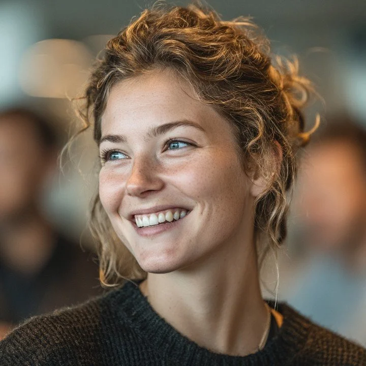 Close-up of a young woman with curly hair and a bright smile, looking to her right, in a social setting with blurred people in the background.