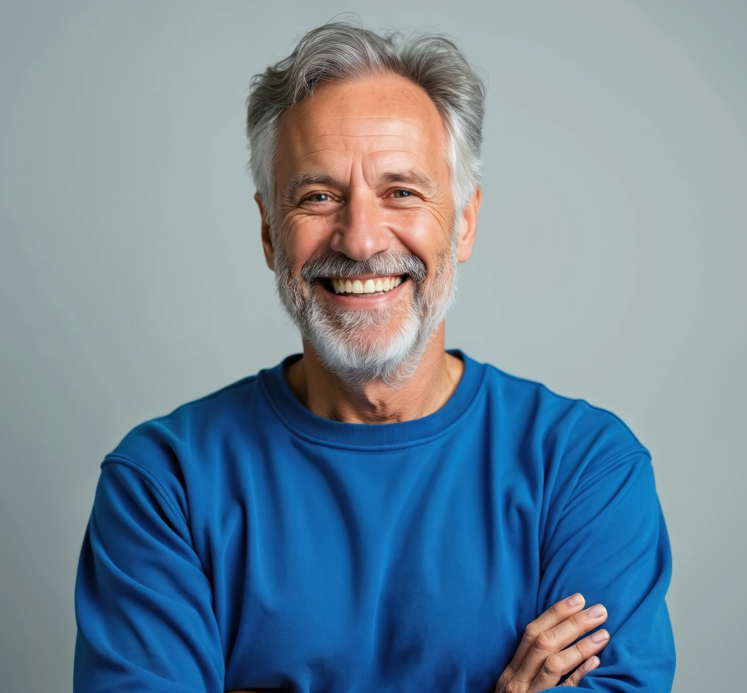 A smiling elderly man with gray hair and beard, wearing a blue shirt, against a plain gray background.
