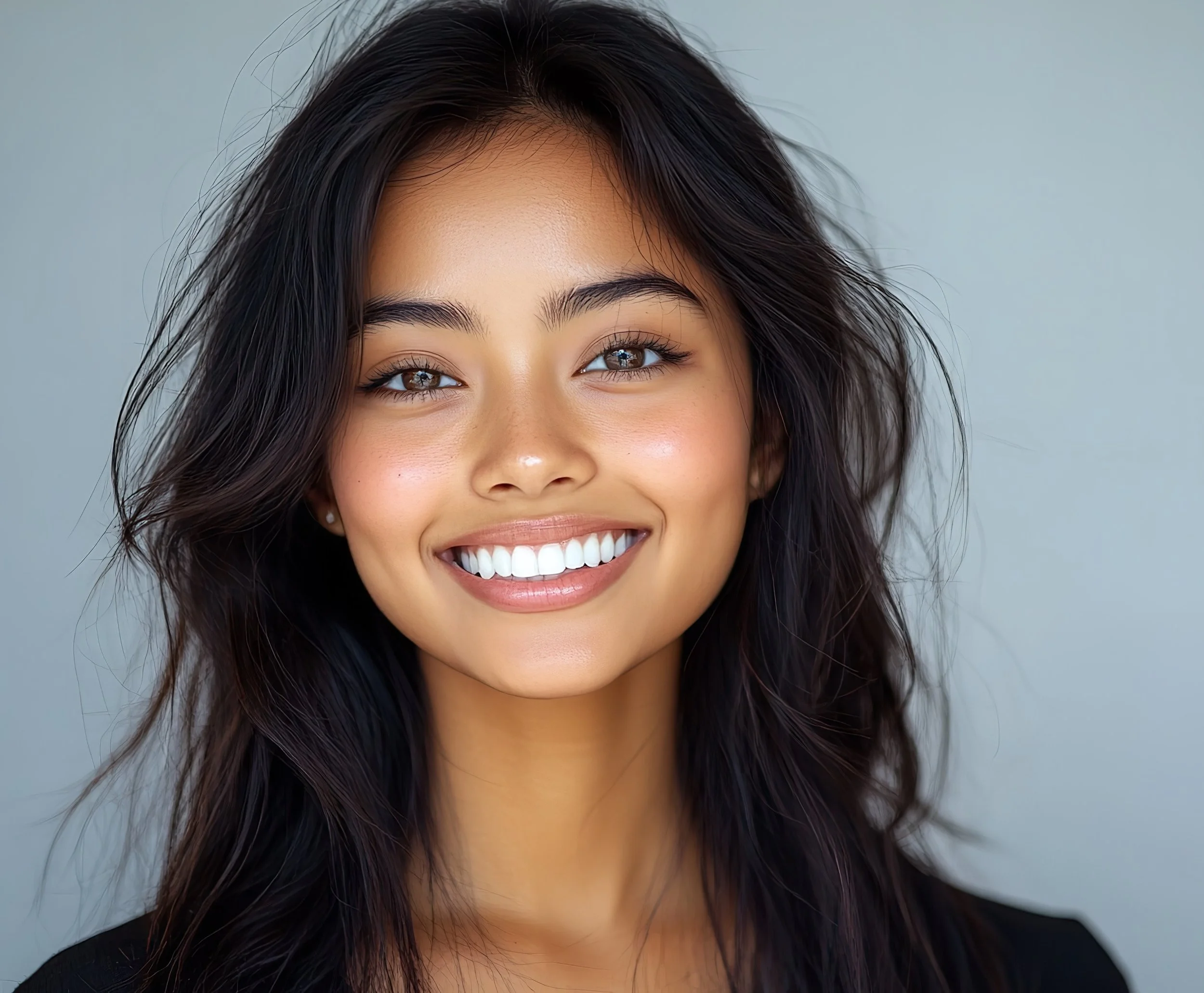 Close-up of a smiling woman with dark wavy hair, wearing a black top and a neutral background.
