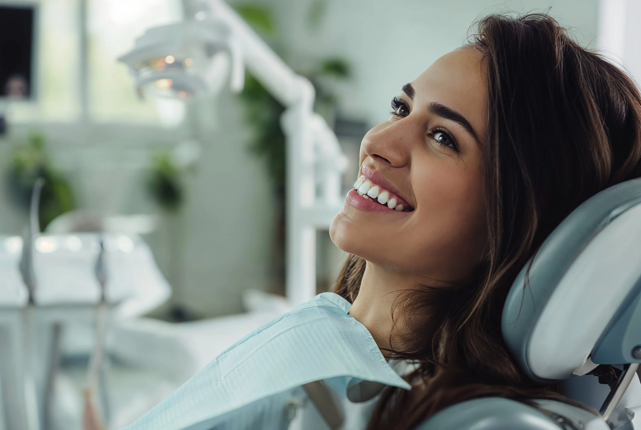 Patient sitting in dental chair with beautiful smile