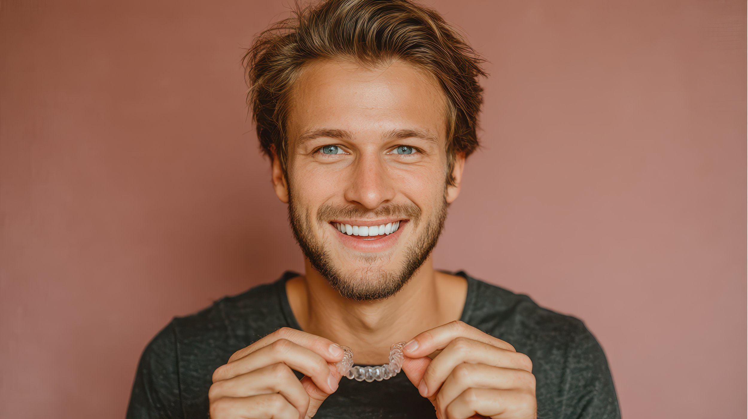 A smiling man holding a dental retainer against a pink background.