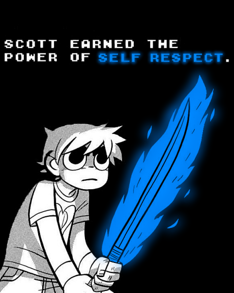 A cartoon character with spiky hair and sunglasses holding a blue flame sword. The text reads, "Scott earned the power of self respect." in white and blue letters on a black background.