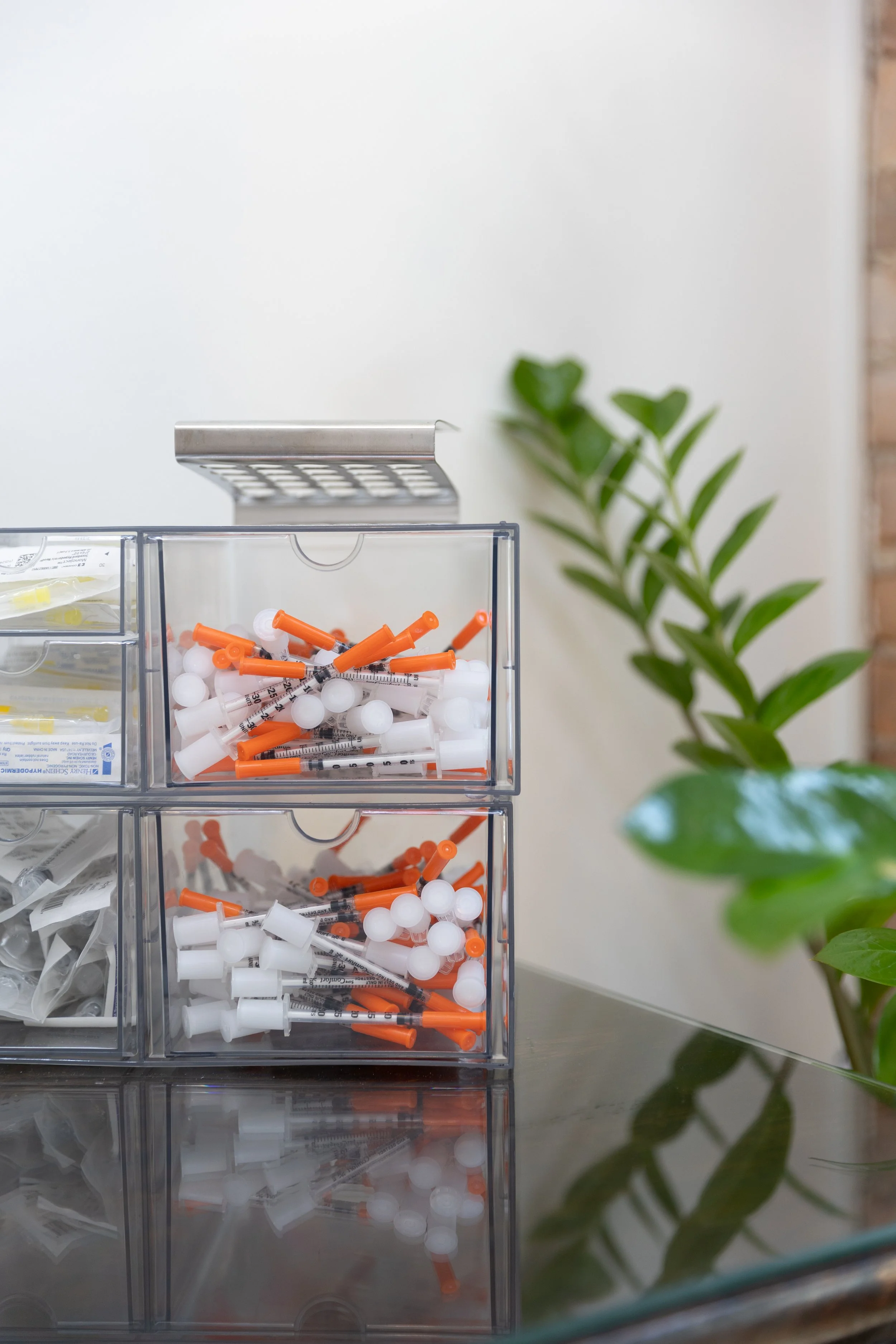 Medical storage drawers containing syringes and vaccine vials on a reflective surface with a green plant in the background.