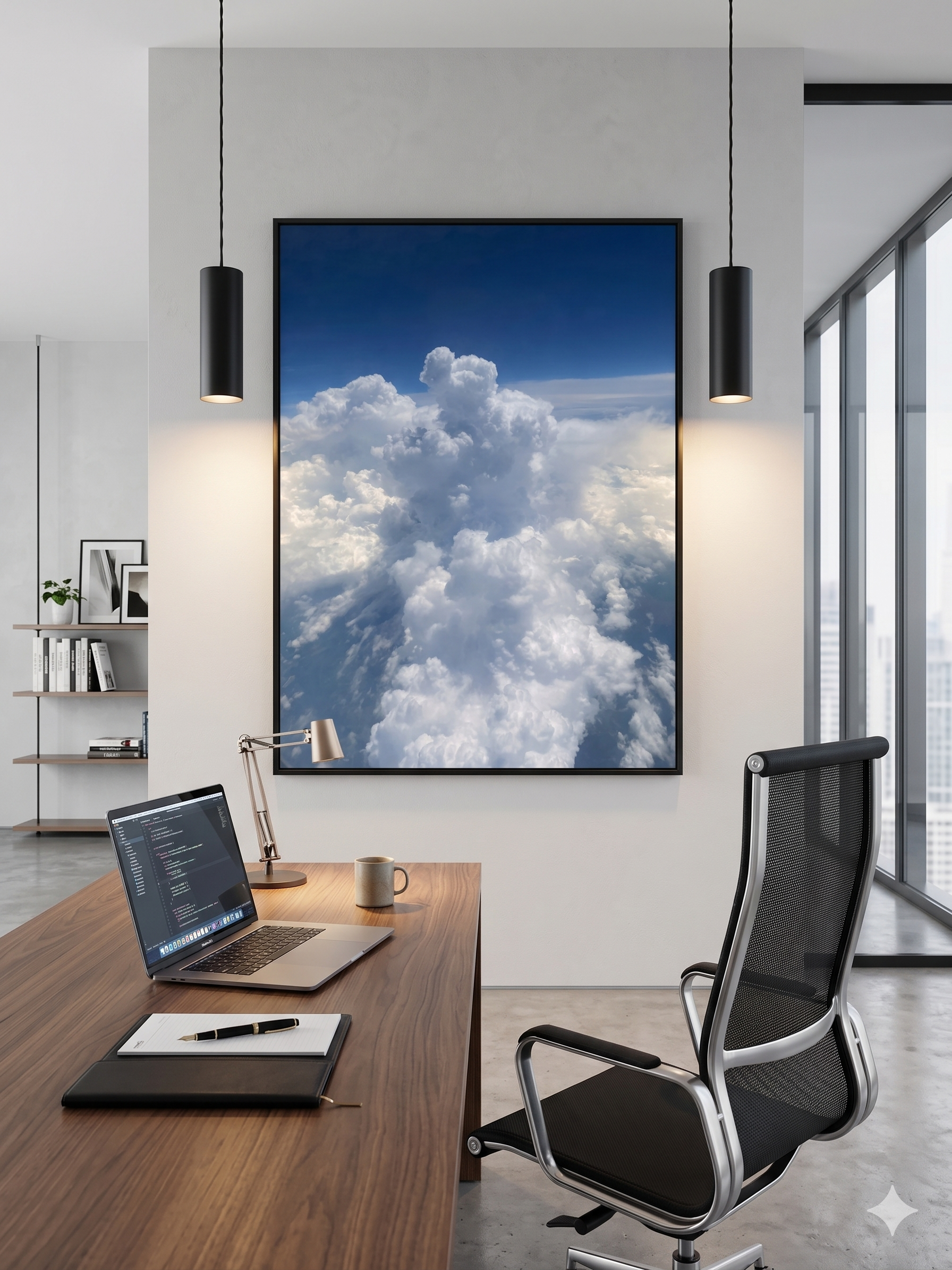 Modern office with wooden desk, open laptop, notebook, pen, coffee mug, black ergonomic chair, large screen displaying clouds, and side shelving with books and photos, illuminated by natural light from tall windows.