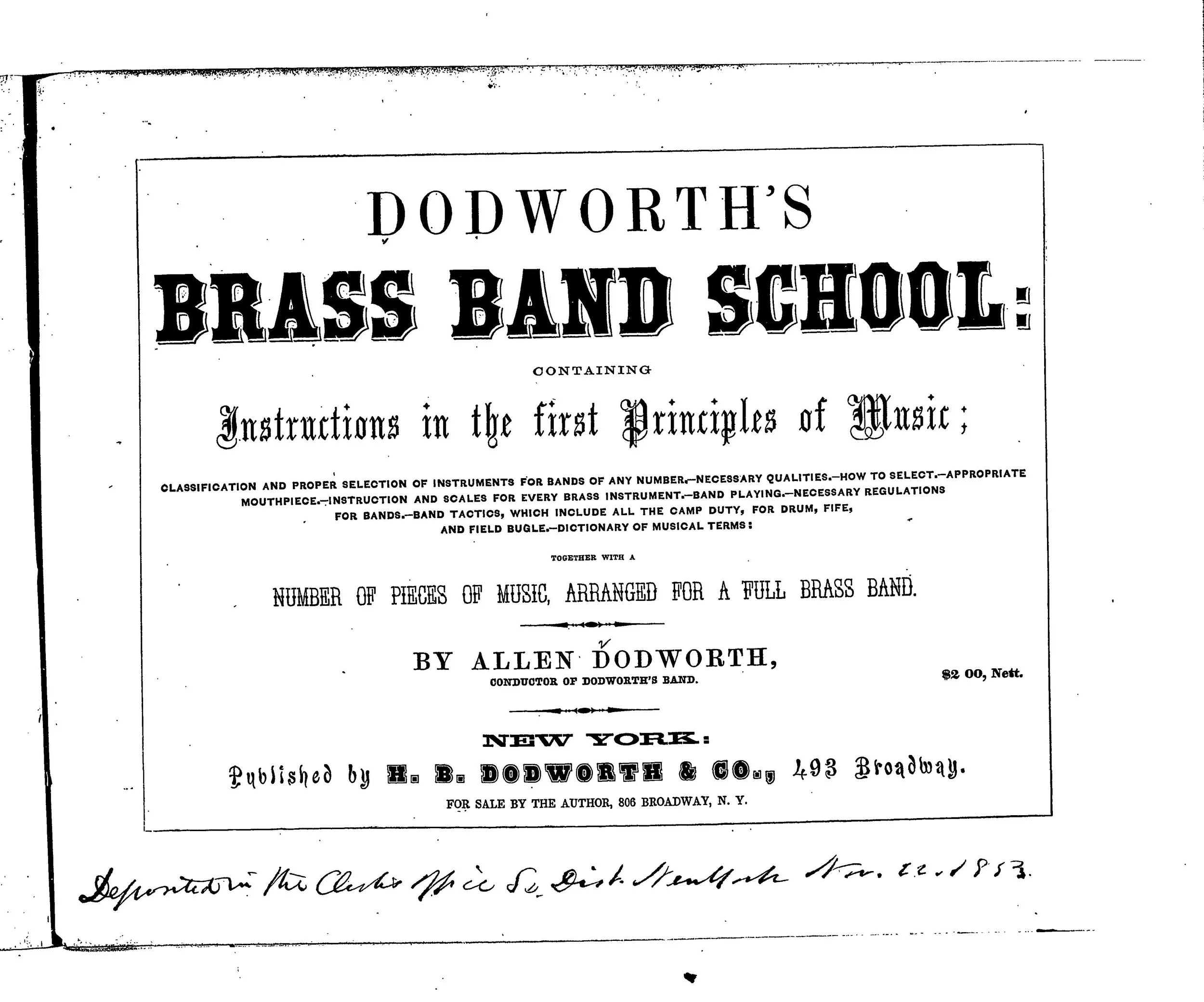 Title page of a 19th-century music book titled "Dodworth's Brass Band School" containing instructions for band instruments and musical terms, published in New York by H. B. Dodworth & Co., owned by Allen Dodworth.