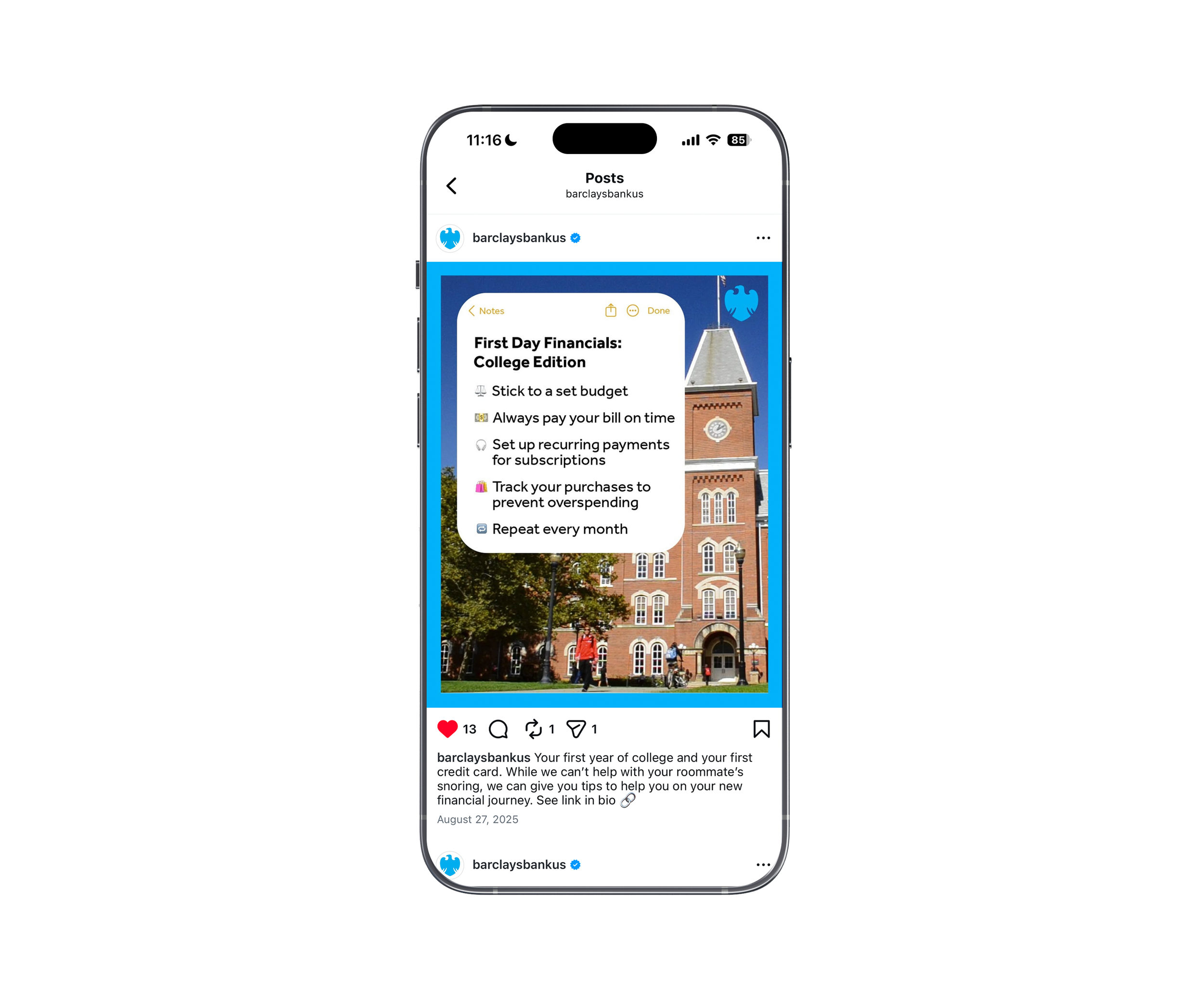 Barclays Bank US — "Back-to-school" Instagram Post