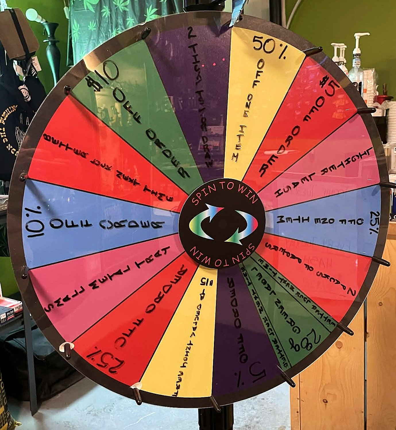 Colorful spin wheel with various sections, each with different chances or outcomes, used for games or decision-making.