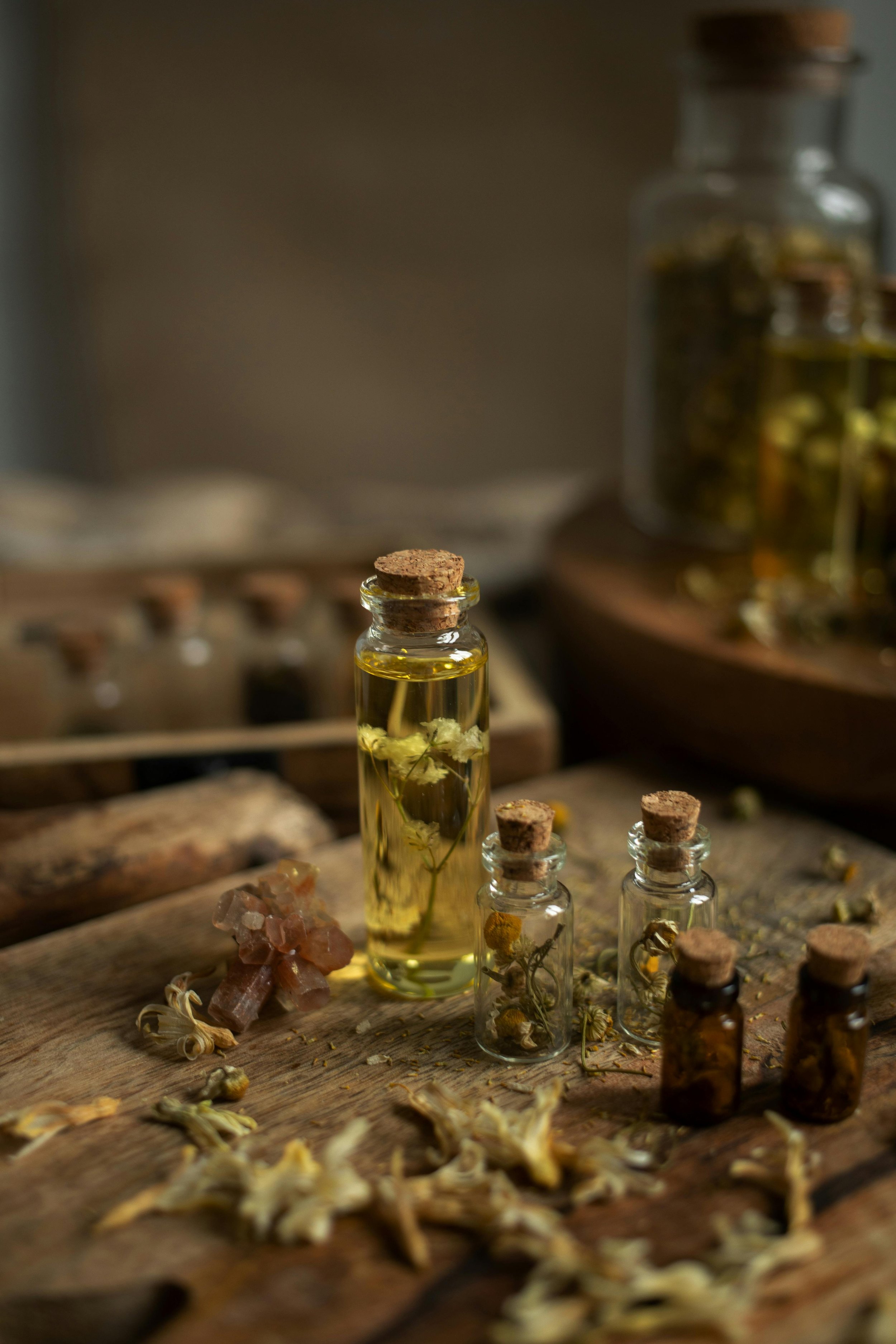 Various small glass bottles with cork stoppers containing dried flowers and herbs, arranged on a wooden surface, with loose dried flowers scattered around. In the background, there are larger bottles with preserved herbs or flowers.