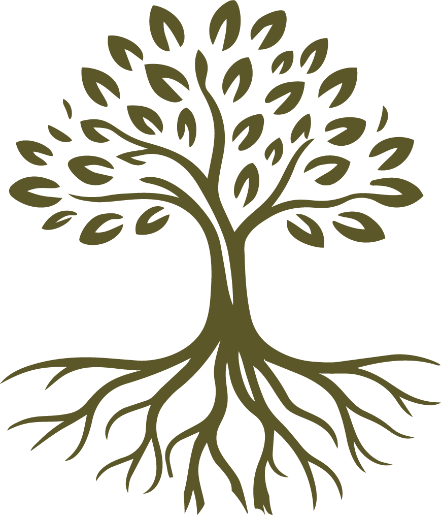 Stylized tree with visible roots and organic branches symbolizing grounding, growth, healing, stability, and personal transformation for a therapy and wellness brand.