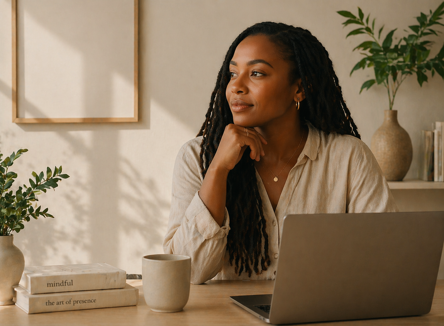 Woman sitting thoughtfully at a home office desk with a laptop, representing virtual therapy, self-growth, and work-life balance support.