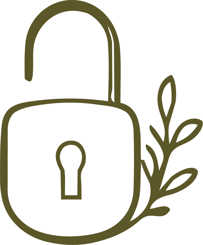 Minimal olive green padlock with leaf detail representing safe, confidential, secure, and compassionate therapy services.