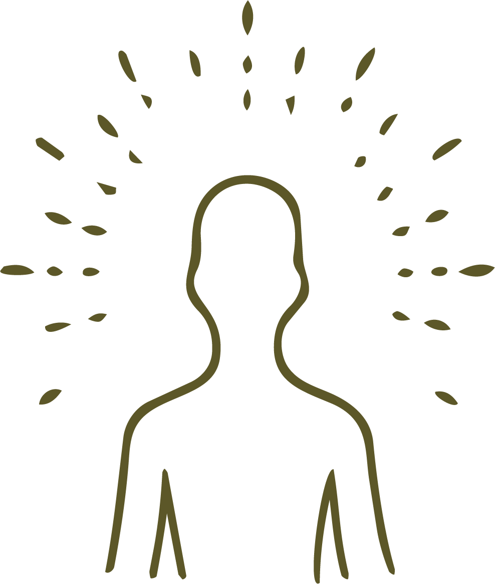 Minimalist outline of a person with radiating lines or leaves around their head, suggesting a halo or aura.