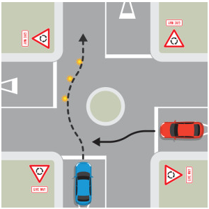 Intersection with traffic signs indicating yield, stop, and objects. Blue car turns left, red car turns right.