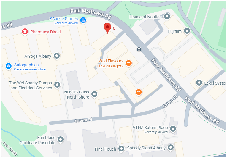 Map of a commercial area with various businesses, including Wild Flavours Pizza & Burgers, Pharmacy Direct, AutoGraphics car accessories, and Fun Place Childcare Rosedale, along Paul Matthews Road and Saturn Place.