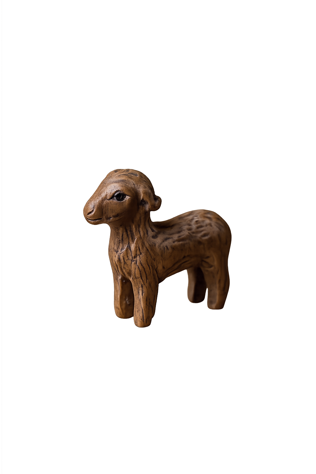 A wooden carved sculpture of a lamb with detailed features, set against a simple background.