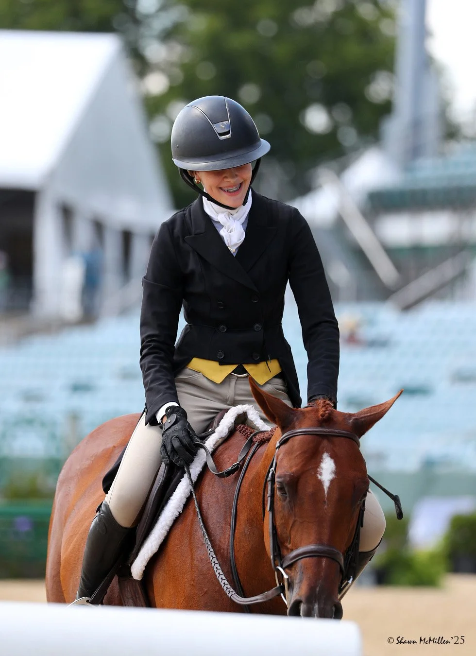 A young woman in riding attire, including a helmet, riding a brown horse outdoors near water with boats and trees in the background.