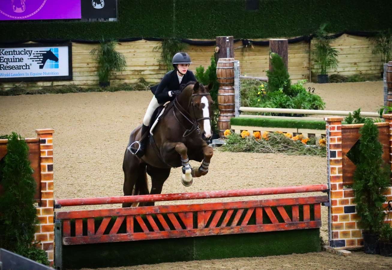 A young girl riding a horse over a jump in an indoor equestrian arena.