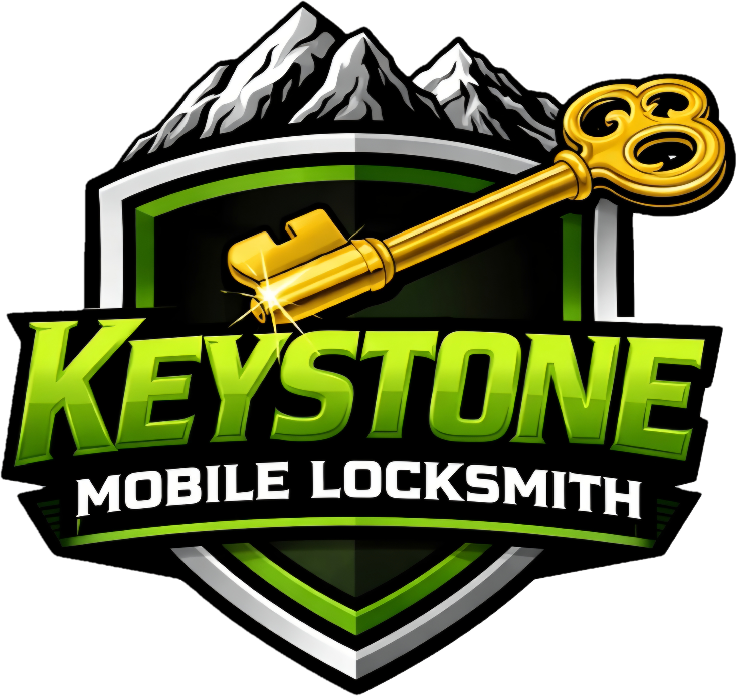 Logo for Keystone Mobile Locksmith featuring a mountain range, a shield with green accents, a golden key, and the text 'Keystone Mobile Locksmith'.