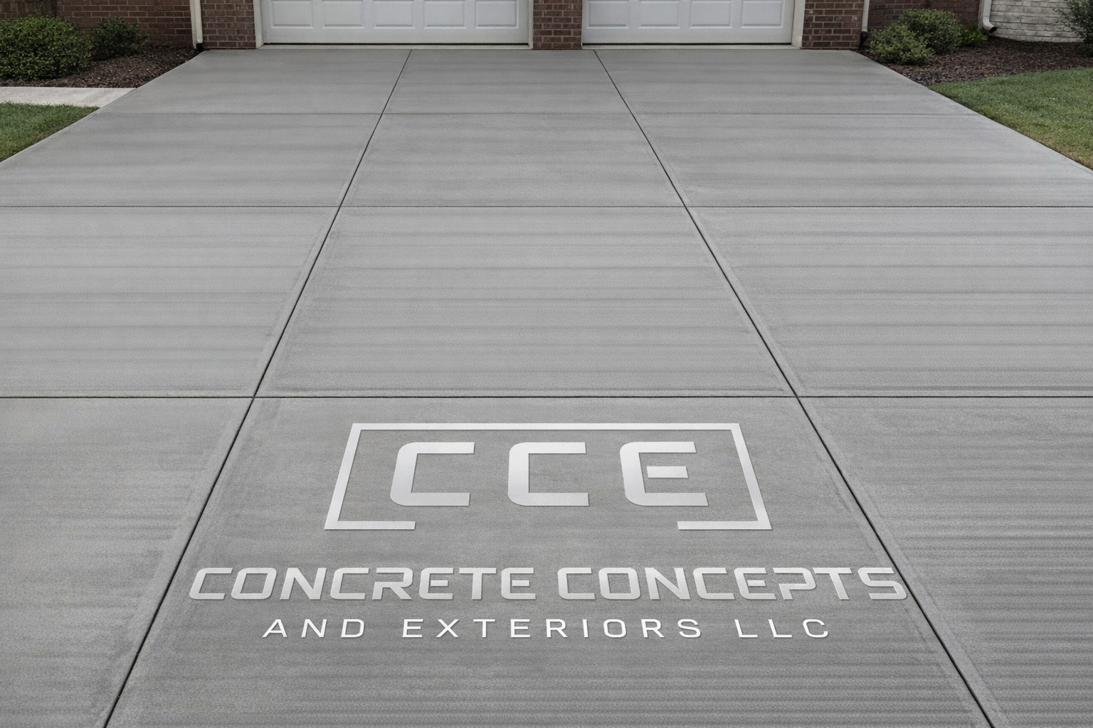 Concrete driveway with a white logo and text that reads 'CEC Concrete Concepts and Exteriors LLC' near the bottom of the image.