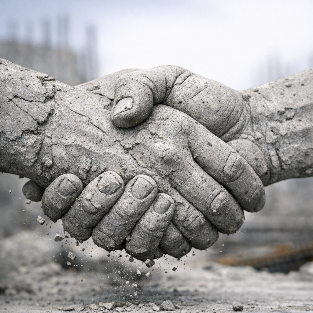 Close-up of two concrete hands shaking in a handshake, with dust or debris falling from the hands.