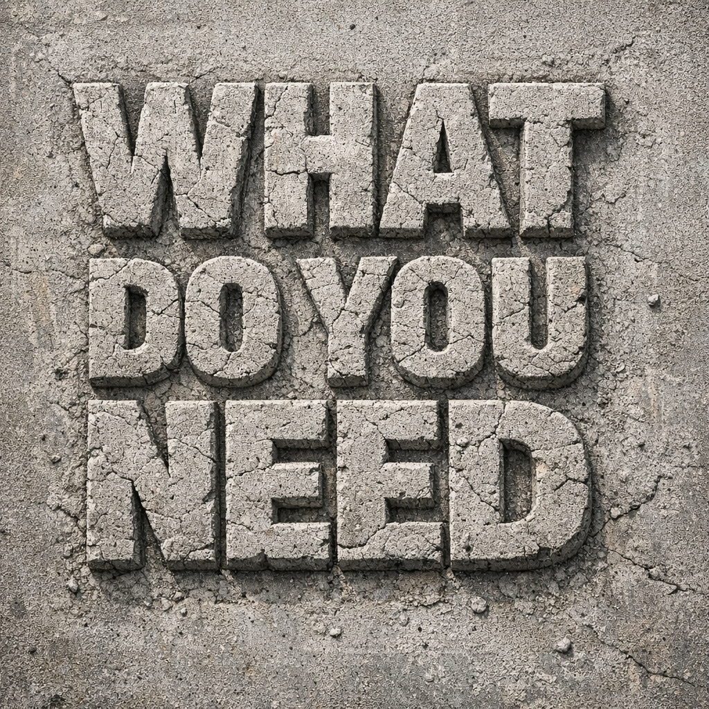 The phrase "WHAT DO YOU NEED" is written in large, cracked concrete letters on a rough, dusty ground.