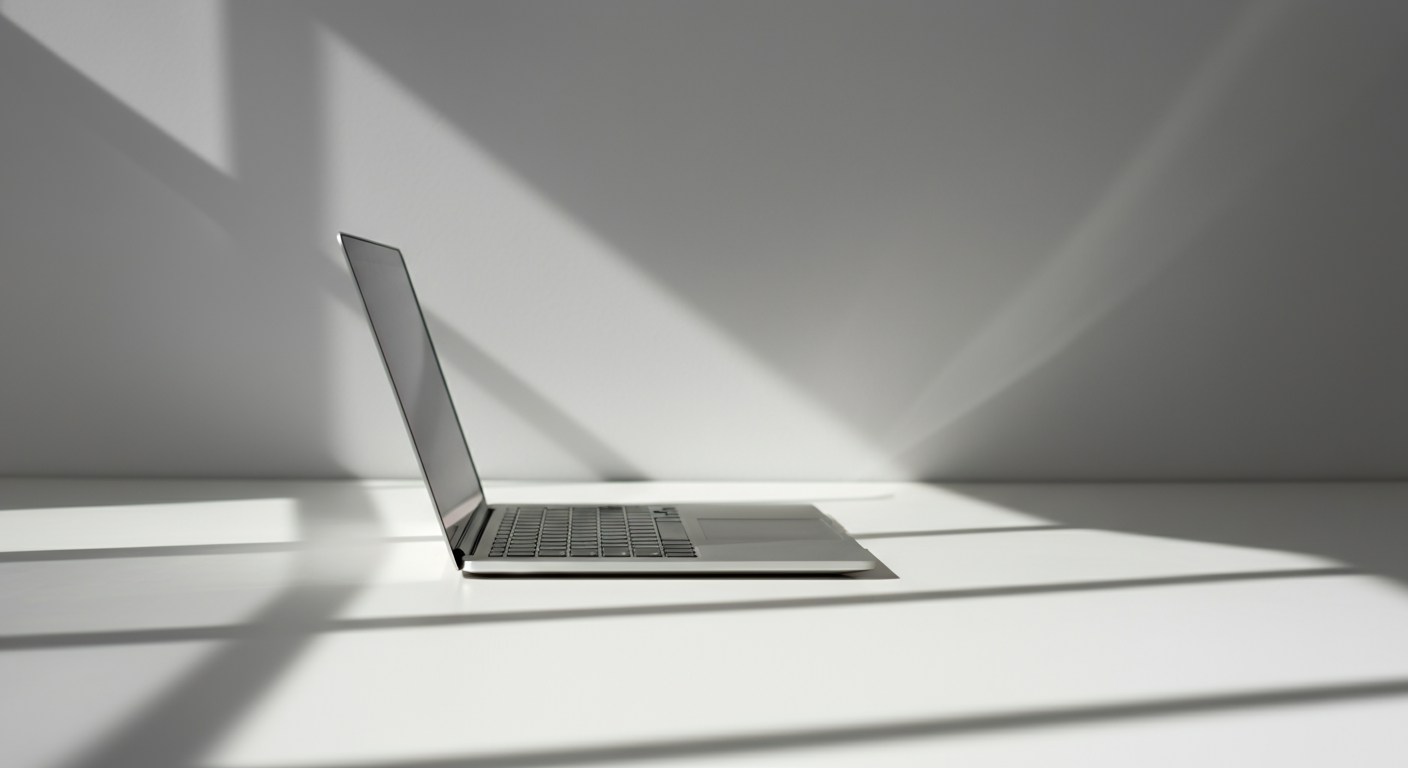 Laptop on a white surface with shadows cast by window blinds.