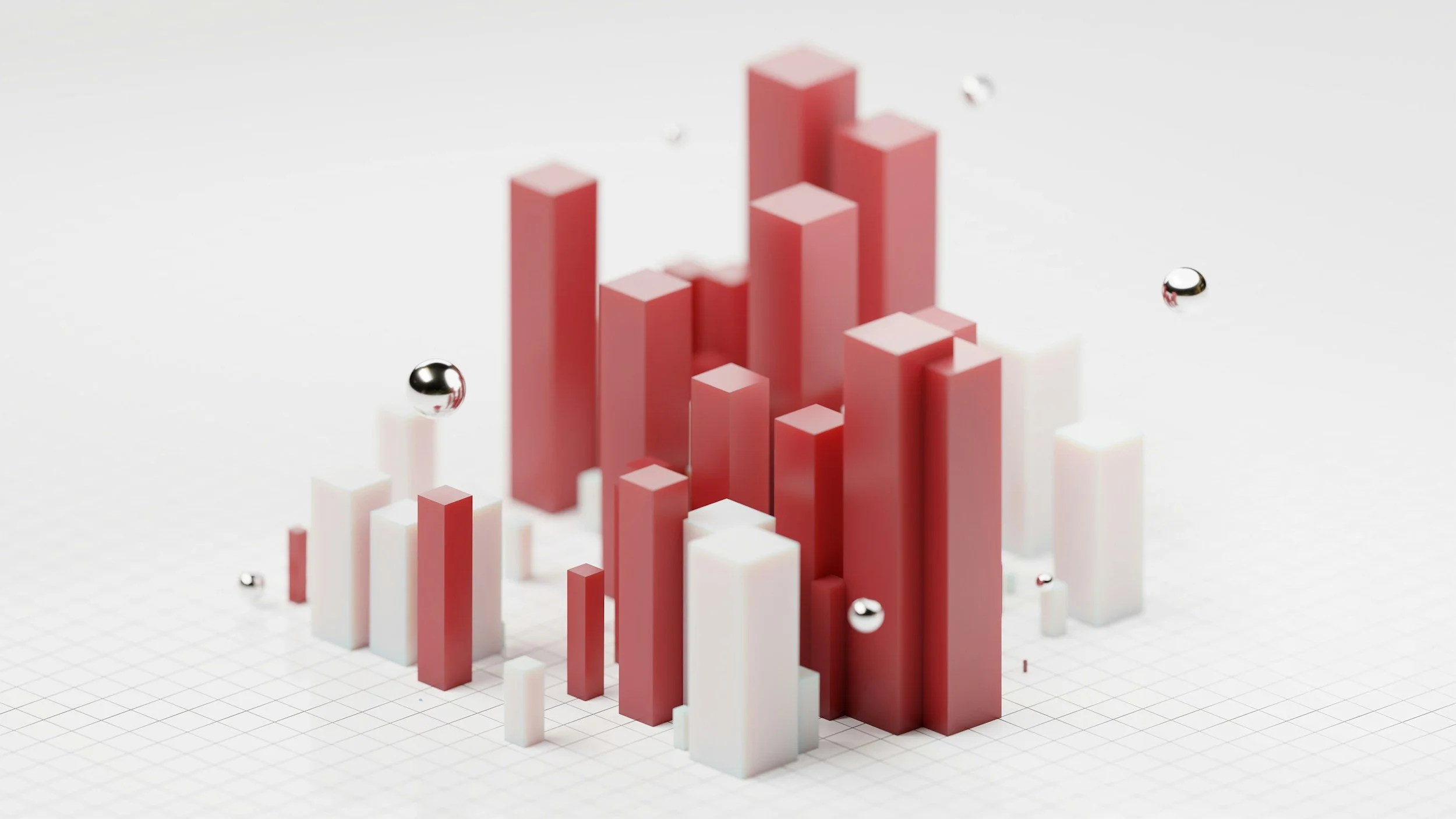 3D bar chart with white and pink bars and metallic spheres on a checkered surface.