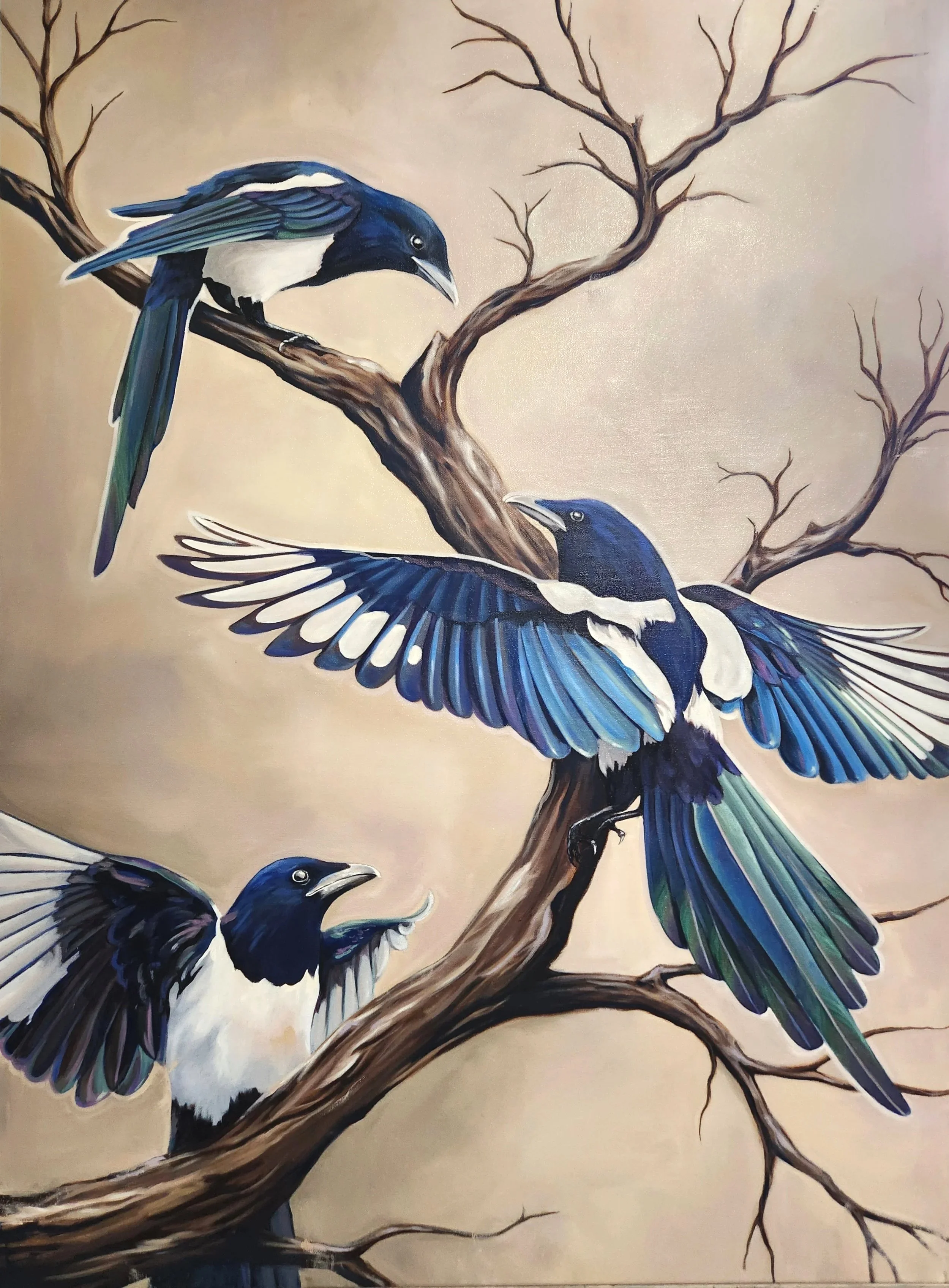 Painting of multiple blue and black birds perched on bare, twisted tree branches against a beige background.