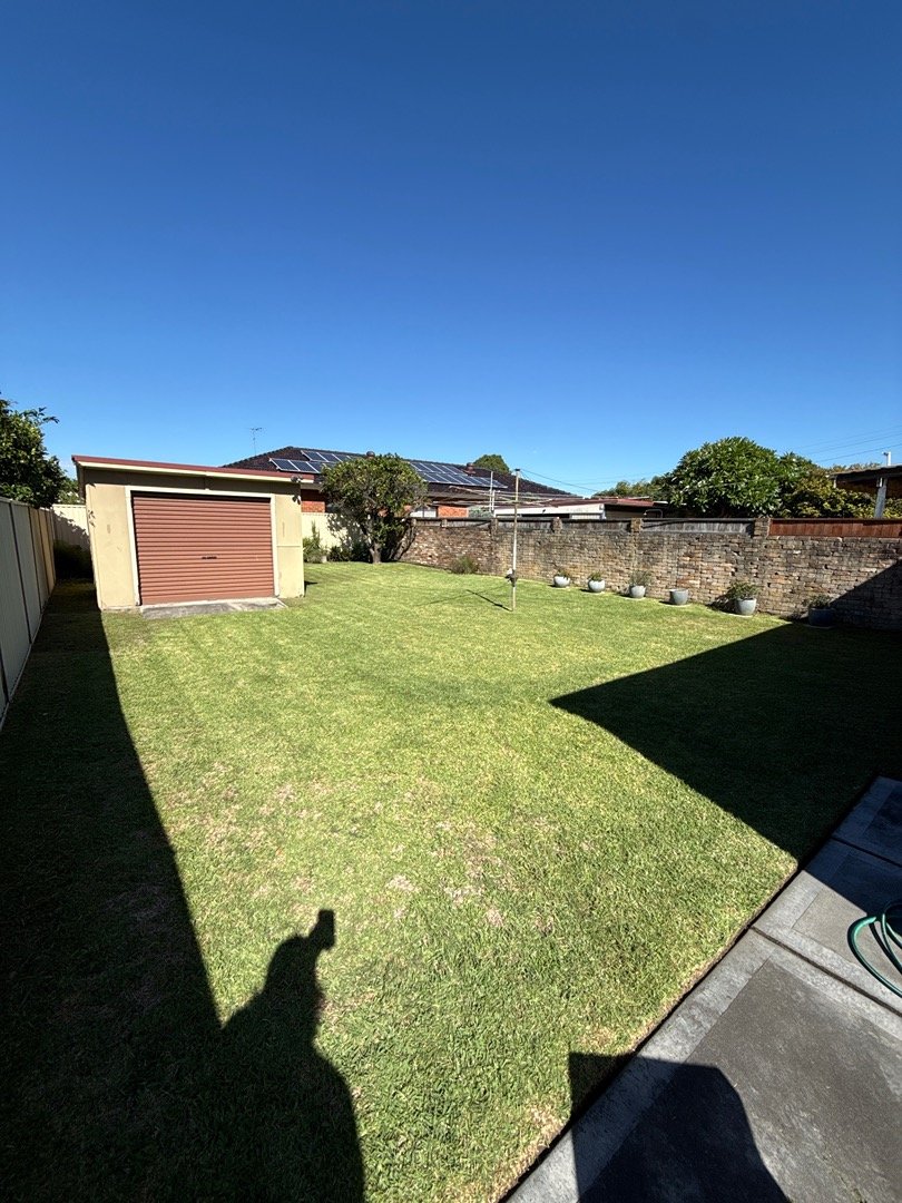 A backyard with a grassy lawn, a small shed with a roller door, a brick wall, a clothesline, and some potted plants along the wall. The sky is clear and blue.