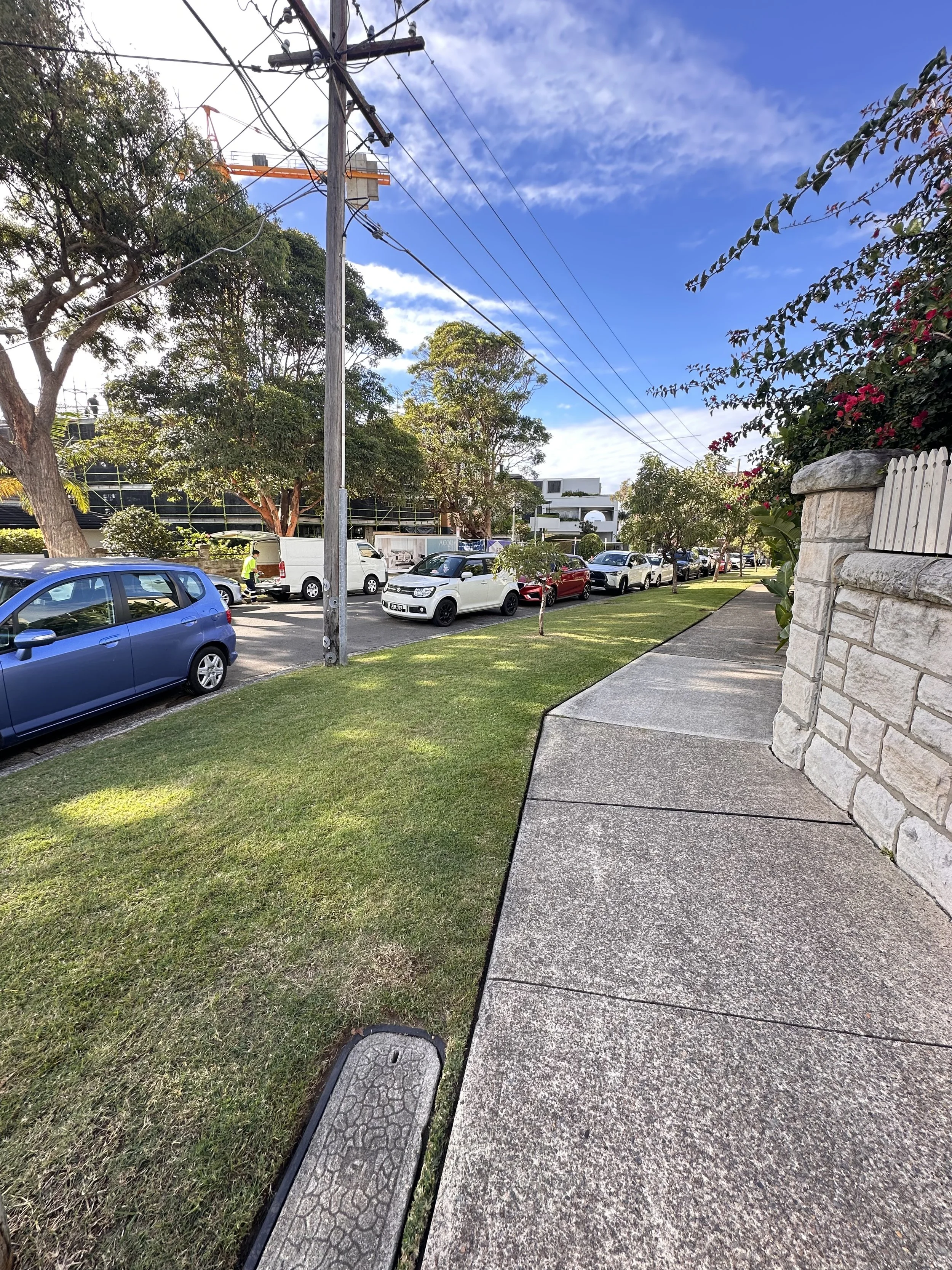 A sidewalk running alongside a well-maintained lawn with a stone wall and flowering bushes on the right. Parked cars line the street, and trees provide shaded areas. Overhead power lines cross the sky, which is mostly clear with some clouds.