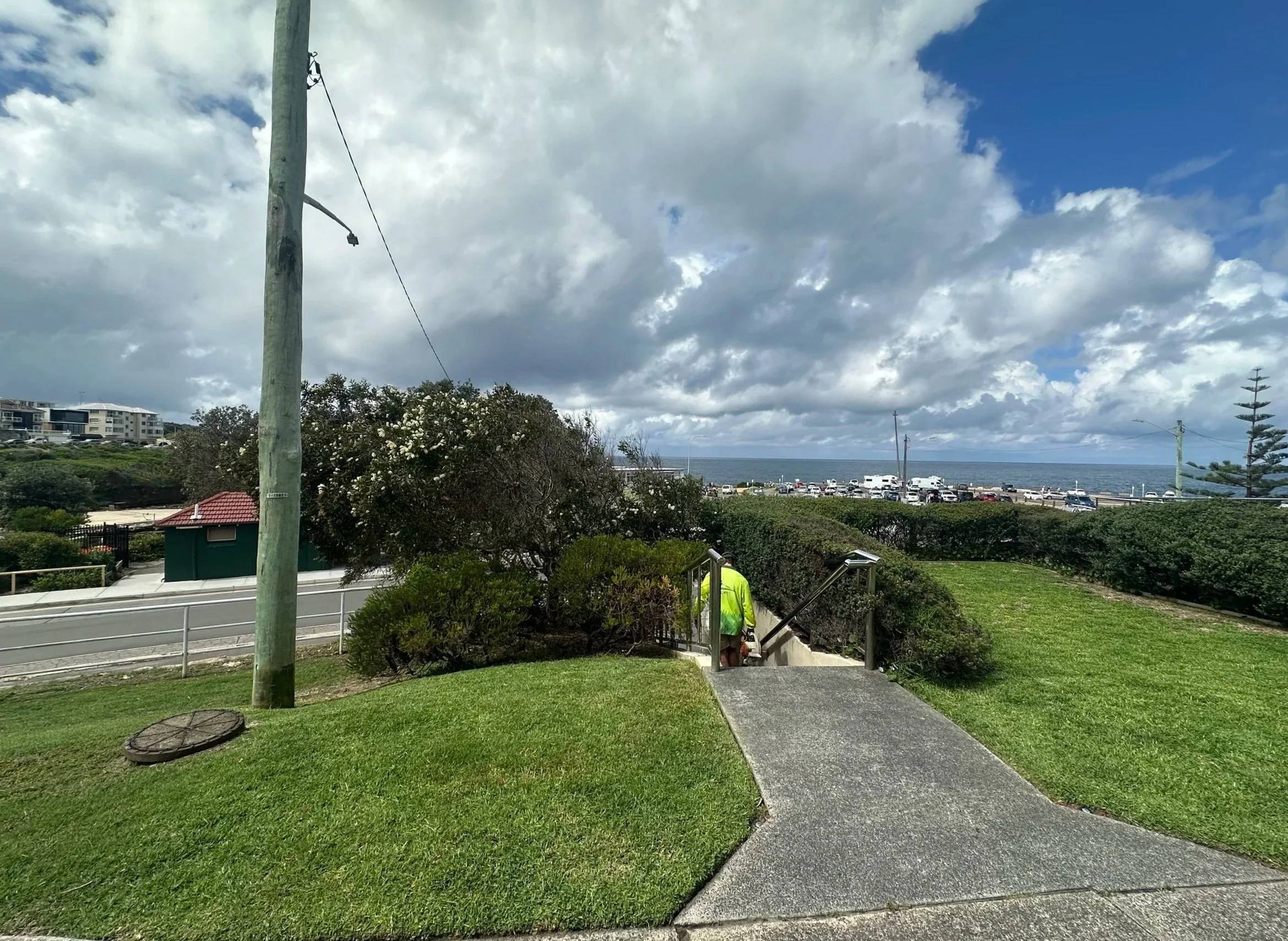 Lawn mowing and coastal garden maintenance in Clovelly by Eastside Gardens, with neatly cut grass, trimmed hedges and a tidy residential garden near the beach.